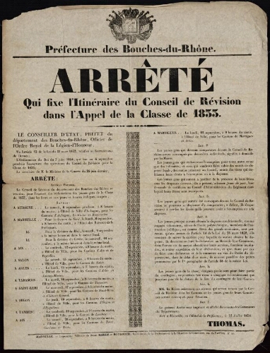 Arrêté qui fixe l'itinéraire du conseil de révision de l'appel de la classe de 1833  / Préfecture des Bouches-du-Rhône
