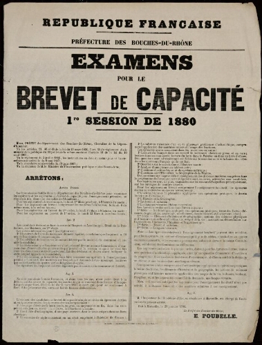 Examens pour le brevet de capacité. 1Re session de 1880 / Préfecture des Bouches-du-Rhône