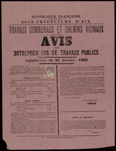 Travaux communaux et chemins vicinaux : avis aux entrepreneurs de travaux publics. Adjudication du 24 janvier 1882 / Sous-préfecture d'Aix