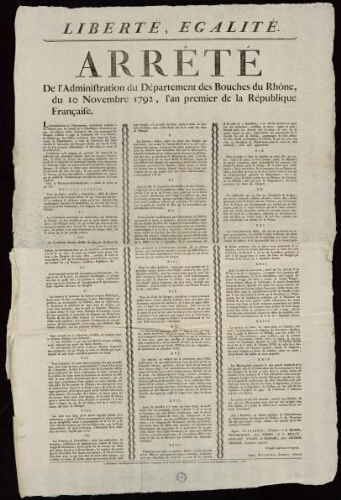 Arrêté de l'administration du département des Bouches du Rhône, du 10 novembre 1792, l'an premier de la République Française