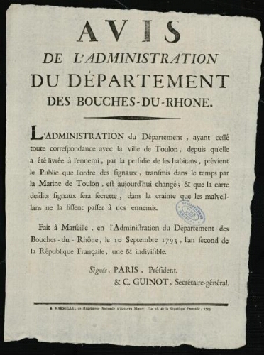 Avis de l'administration du département des Bouches-du-Rhône