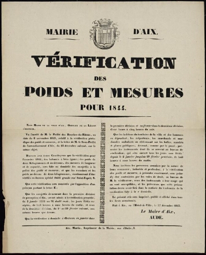 Vérification des poids et mesures pour 1844   / Mairie d'Aix