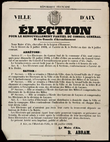 Election pour le renouvellement partiel du conseil général et des conseils d'arrondissement / Ville d’Aix