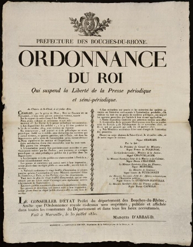 Ordonnance du roi qui suspend la liberté de la presse périodique et semi-périodique / Préfecture des Bouches-du-Rhône