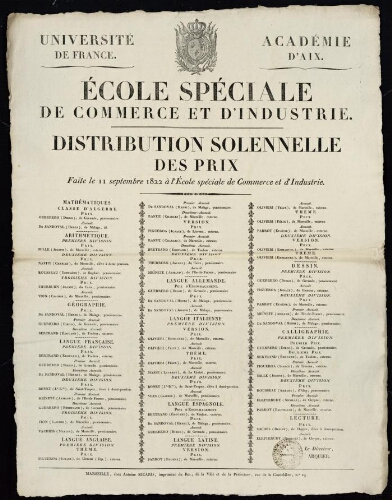 Distribution solennelle des prix faite le 11 septembre 1822 à l’École spéciale de Commerce et d'Industrie