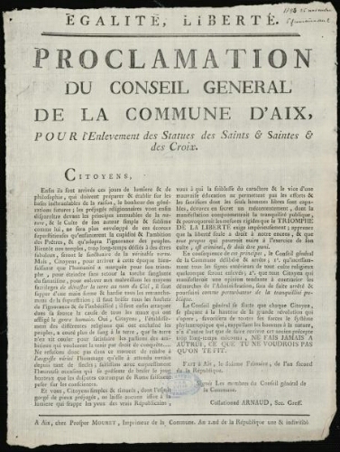 Proclamation du conseil général de la commune d'Aix, pour l'enlevement des statues des saints & saintes & des croix