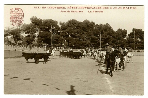 Aix-en-Provence. Fêtes provençales des 19-20-21 mai 1923. Jeux de gardians. La ferrade : [carte postale]