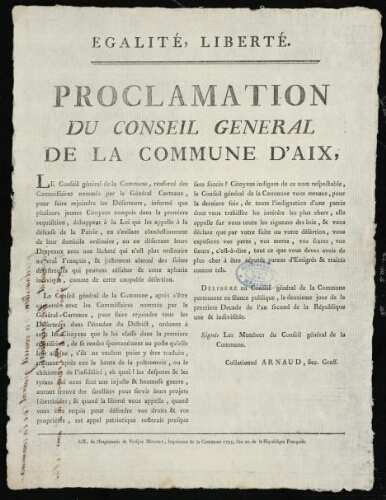 Proclamation du Conseil général de la commune d'Aix
