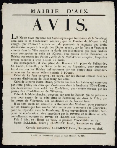 Avis... Le Maire d’Aix prévient ses concitoyens que l’ouverture de la vendange.... / Mairie d'Aix
