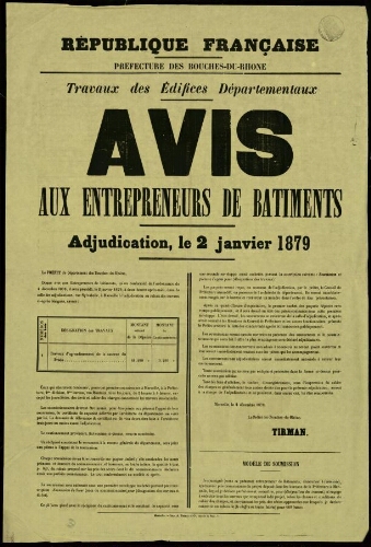 Travaux des édifices départementaux : avis aux entrepreneurs de bâtiments. Adjudication le 2 janvier 1879 / Préfecture des Bouches-du-Rhône