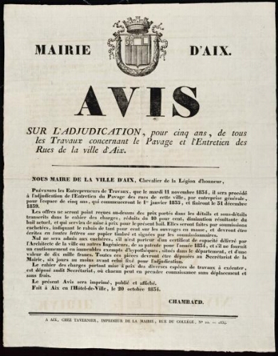 Avis sur l'adjudication pour cinq ans, de tous les travaux concernant le pavage et l'entretien des rues de la ville d'Aix  / Mairie d'Aix