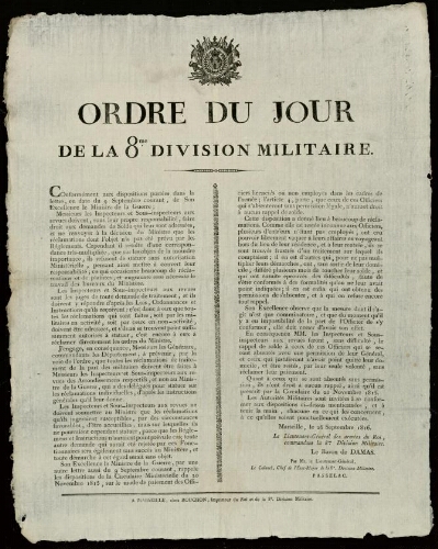 Ordre du jour de la 8me division militaire / 8e division militaire