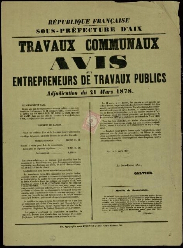 Travaux communaux : avis aux entrepreneurs de travaux publics. Adjudication du 21 mars 1878 / Sous-préfecture d'Aix