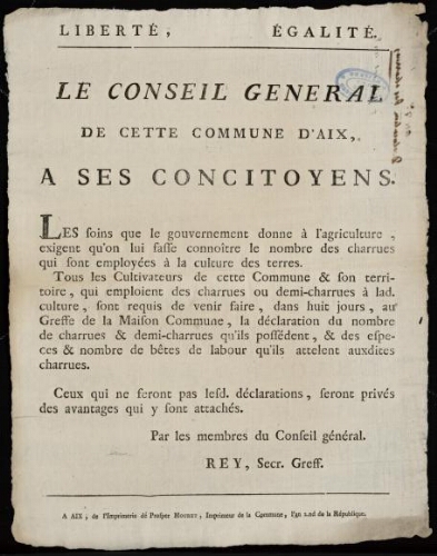 Le Conseil général de cette commune d'Aix, a ses concitoyens  / [Mairie d'Aix]