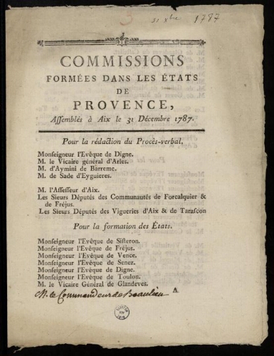 Commissions formées dans les Etats de Provence, assemblés à Aix le 31 décembre 1787