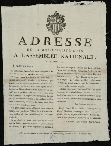Adresse de la municipalité d'Aix à l'Assemblée nationale, du 19 octobre 1791 / [Mairie d’Aix]