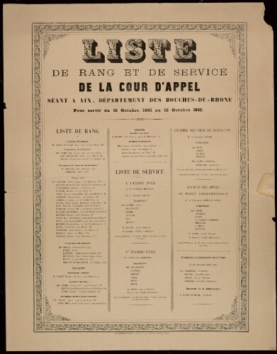 Liste de rang et de service de la cour d'appel séant à Aix, département des Bouches-du-Rhône pour servir du 15 octobre 1891 au 15 octobre 1892