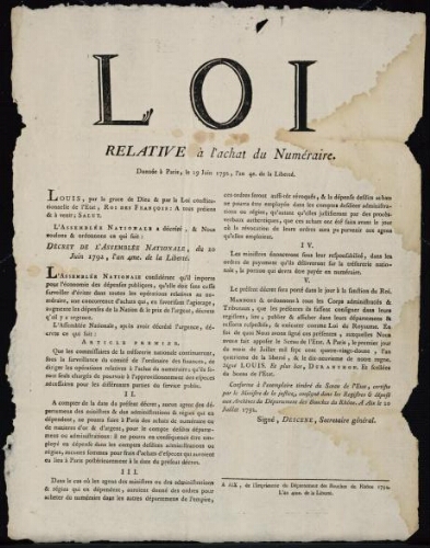 Loi relative à l'achat du numéraire. Donnée à Paris, le 29 juin 1792, l'an 4e. De la liberté