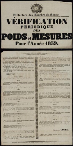 Vérification des poids et mesures pour l'année 1839   / Préfecture des Bouches-du-Rhône