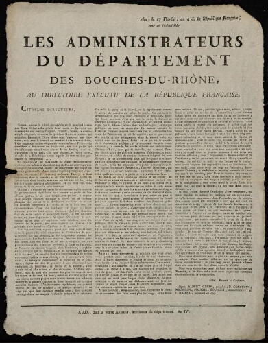 Les administrateurs du département des Bouches-du-Rhône, au Directoire exécutif de la République Française