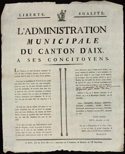 L'Administration municipale du Canton d'Aix , à ses concitoyens