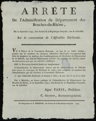 Arrêté de l'administration du département des Bouches-du-Rhône... sur la convocation de l'assemblée électorale