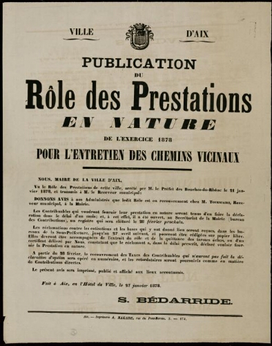 Publication du rôle des prestations en nature de l’exercice 1878 pour l’entretien des chemins vicinaux / Ville d’Aix