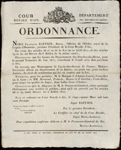 Ordonnance / Cour royale d'Aix