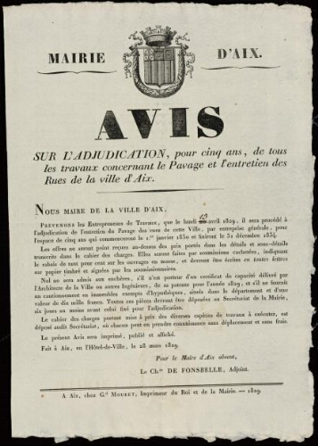 Avis, sur l'adjudication, pour cinq ans, de tous les travaux concernant le pavage et l'entretien des rues de la ville d'Aix / Mairie d'Aix