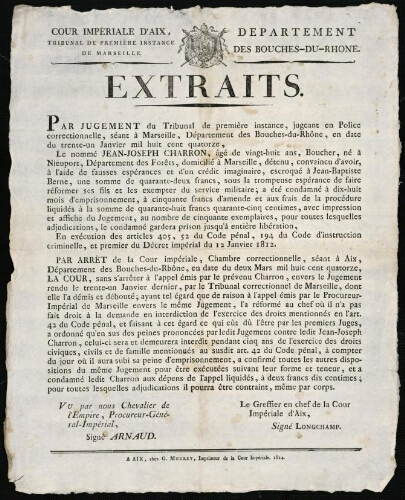 Tribunal de première instance de Marseille. Extraits / Cour impériale d'Aix