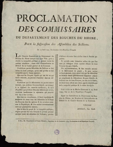 Proclamation des commissaires du département des Bouches-du-Rhône pour la suspension des assemblées des sections