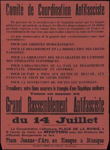[Grand rassemblement antifasciste du 14 juillet 1935] / Comité de coordination antifasciste