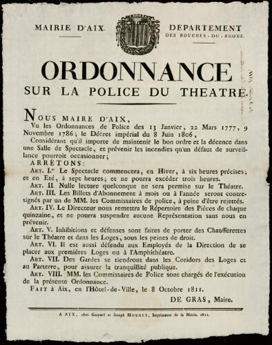 Ordonnance sur la police du théâtre / Mairie d'Aix