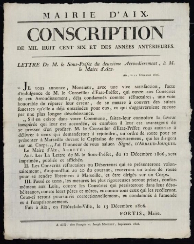 Conscription de mil huit cent six et des années antérieures. Lettre de M. le sous-préfet du deuxième arrondissement, à M. le Maire d'Aix