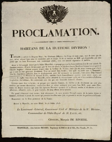 Proclamation. Habitans de la huitième Division / Charles, marquis de Rivière