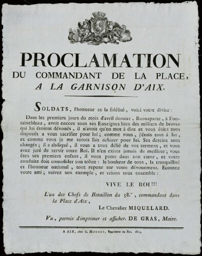 Proclamation du commandant de la place à la garnison d'Aix / Mairie d'Aix