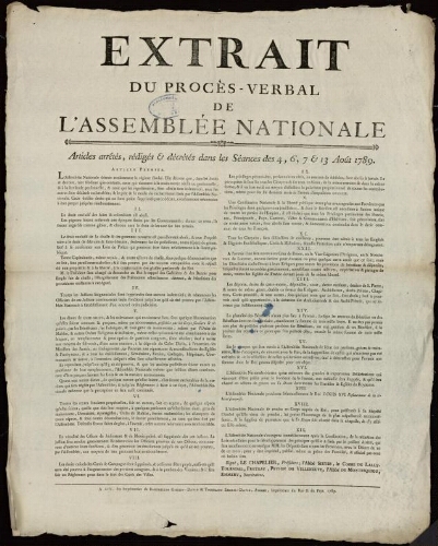 Extrait du procès-verbal de l'Assemblée nationale. Articles arrêtés... dans les séances des 4, 6, 7 et 13 août 1789
