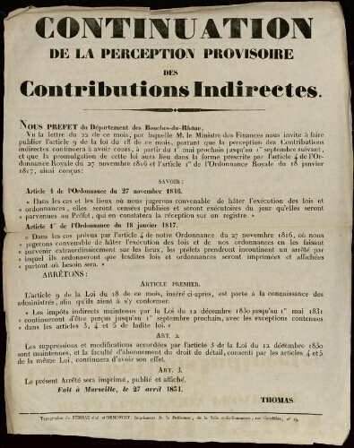 Continuation de la perception provisoire des contributions indirectes / Préfecture des Bouches-du-Rhône