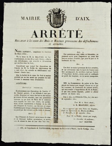 Arrêté relatif à la vente des bois et racines provenans des défrichemens et arrachis / Mairie d'Aix