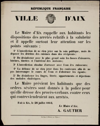 Le Maire d'Aix rappelle ( ... ) les dispositions des arrêtés relatifs à la salubrité...