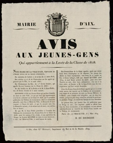 Avis aux jeunes gens qui appartiennent à la levée de la classe de 1828 / Mairie d'Aix