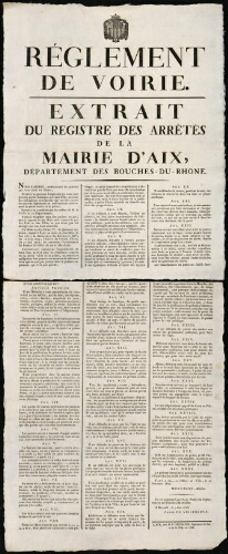 Règlement de voirie. Extrait du registre des Arrêtés de la Mairie d'aix, département des Bouches-du-Rhône / Mairie d'Aix