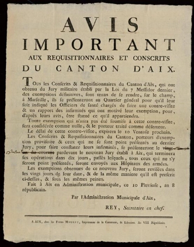 Avis important aux réquisitionnaires et conscrits du canton d'Aix / Administration municipale d’Aix
