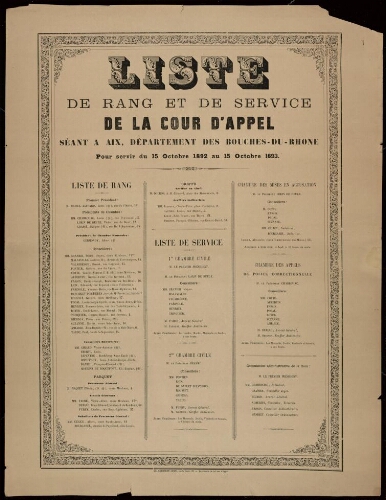 Liste de rang et de service de la cour d'appel séant à Aix, département des Bouches-du-Rhône pour servir du 15 octobre 1892 au 15 octobre 1893