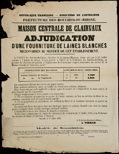 Maison centrale de Clairvaux : adjudication d’une fourniture de laines blanches / Préfecture des Bouches-du-Rhône