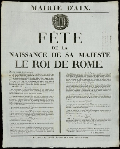 Fête de la naissance de sa majesté le roi de Rome / Préfecture des Bouches-du-Rhône