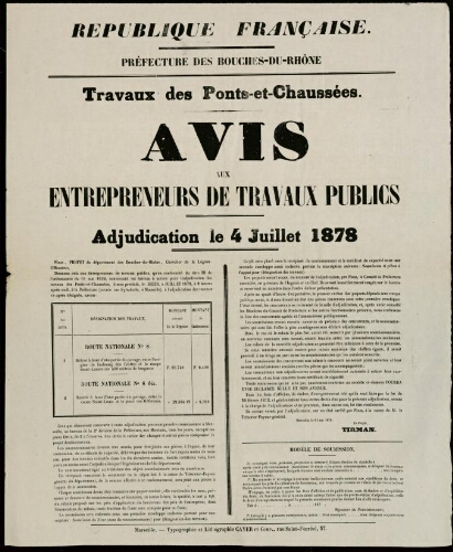 Travaux des Ponts-et-Chaussées : avis aux entrepreneurs de travaux publics. Adjudication du 4 juillet 1878 / Préfecture des Bouches-du-Rhône