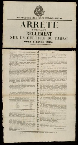 Arrêté portant règlement pour la culture du tabac pendant l'année 1827 / Préfecture des Bouches-du-Rhône