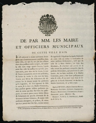 De par MM. Les maire et officiers municipaux de cette ville d'Aix / [Mairie d’Aix]