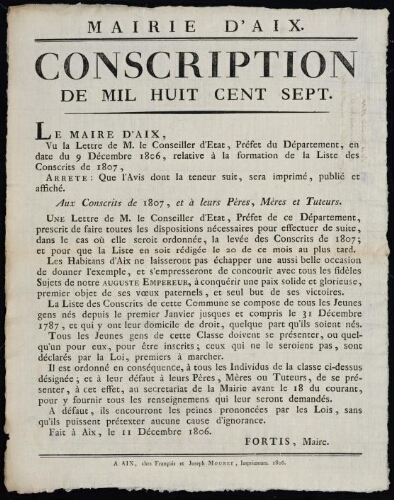 Conscription de l'an mil huit cent sept. Le maire d’Aix arrête... / Mairie d'Aix